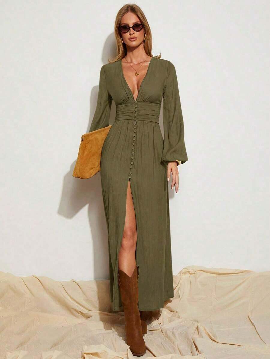 Women Midi Dresses - 軍綠色 - 查看 1