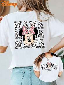 Genuine Disney Minnie Mouse Head Portrait And Repeated "MAMA" Text Pattern, With Minnie's Small Head Portrait Filled In Candy Color Inside The Text. Women's T-Shirt, New Summer Short-Sleeve Top, Casual And Fashionable Printed T-Shirt For Women - trắng - Xem 1