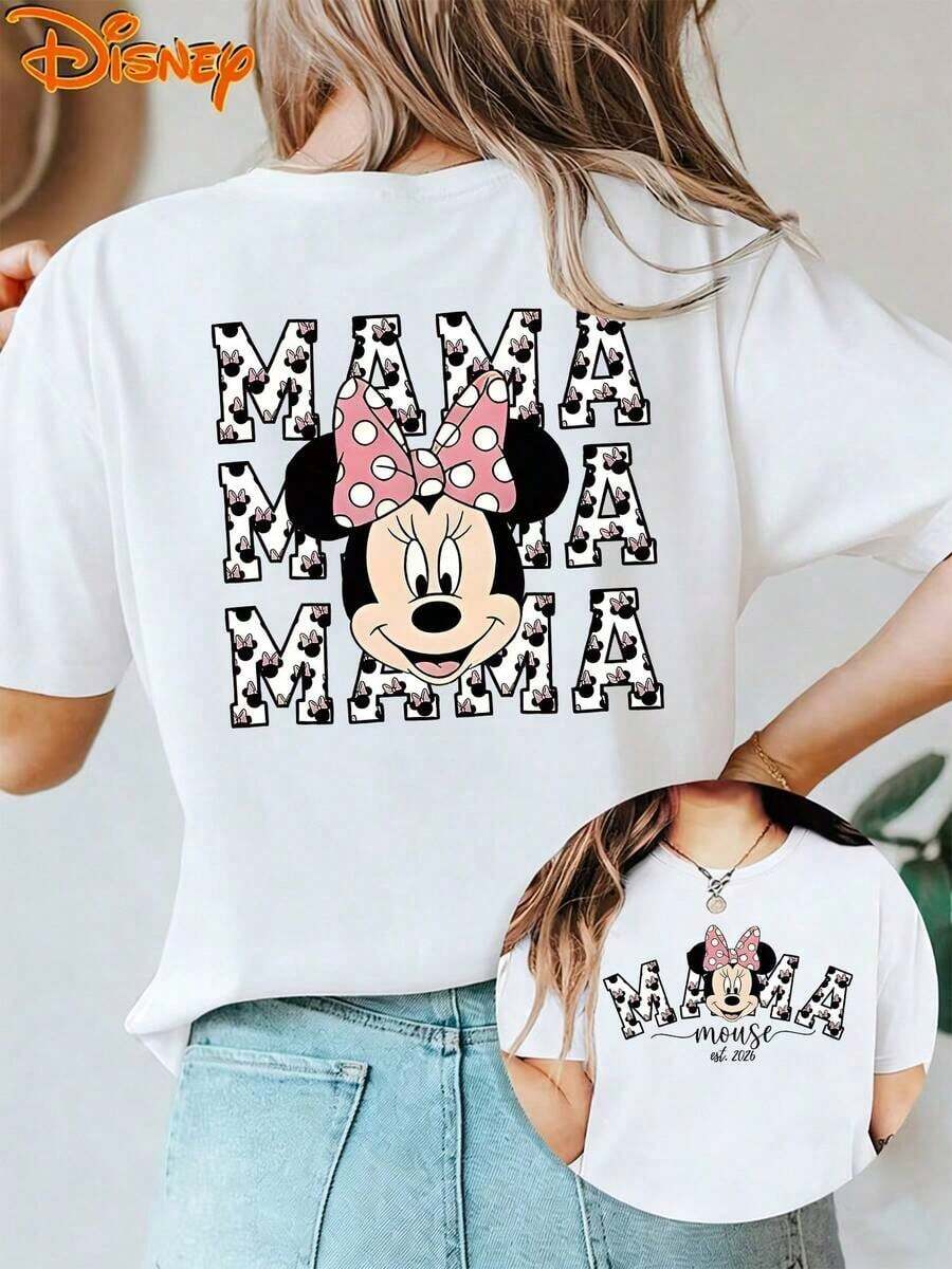 Genuine Disney Minnie Mouse Head Portrait And Repeated "MAMA" Text Pattern, With Minnie's Small Head Portrait Filled In Candy Color Inside The Text. Women's T-Shirt, New Summer Short-Sleeve Top, Casual And Fashionable Printed T-Shirt For Women - trắng - Xem 1