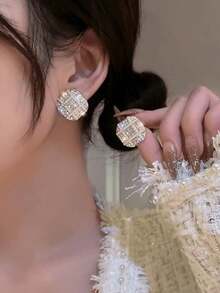 6件套 时尚新款个性化几何水钻猫眼耳环套装，流苏三角方形仿珍珠耳环，适合日常及节日佩戴 - D款 - 查看 3
