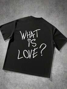 Manfinity Love Manifesto Letter Print Summer Short Sleeve T-Shirt For Men, 100% Pure Cotton, 200 Gram Weight, Outdoor Sweatshirt For Men, Black, Shoulder, Oversized, Loose Fit, Lightweight And Breathable, Beach, Holiday, Relaxed, Leisure, Couple Clothing For Men And Women - 黑色 - 查看 2