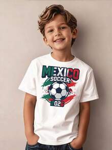 Mexico Football 2026 Graphic Soccer Jersey For Boys, Casual Sportswear, Children's Clothing For Ages 5-13, Everyday Outfit - 酒紅色 - 查看 2