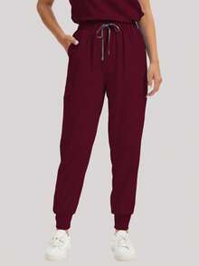 Conjunto de top con bolsillo en cuello en V + pantalón de chándal elástico, uniforme de trabajo con múltiples bolsillos para mujeres - Burdeos - Ver 3