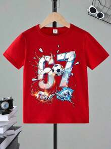 GraphicGems Boys' Basic Short Sleeve T-Shirt, Casual, Elegant, Creative, Personalized, Refreshing, Chic, Minimalist, Cool Style, With Digit 67 Football Graphic Print, Comfortable Clothing For Daily Wear, Cozy Summer And Autumn Styles, Suitable For 7 Year Olds, Graphic Clothing For Boys, Hip Hop Clothing For Boys. - 紅色 - 查看 4