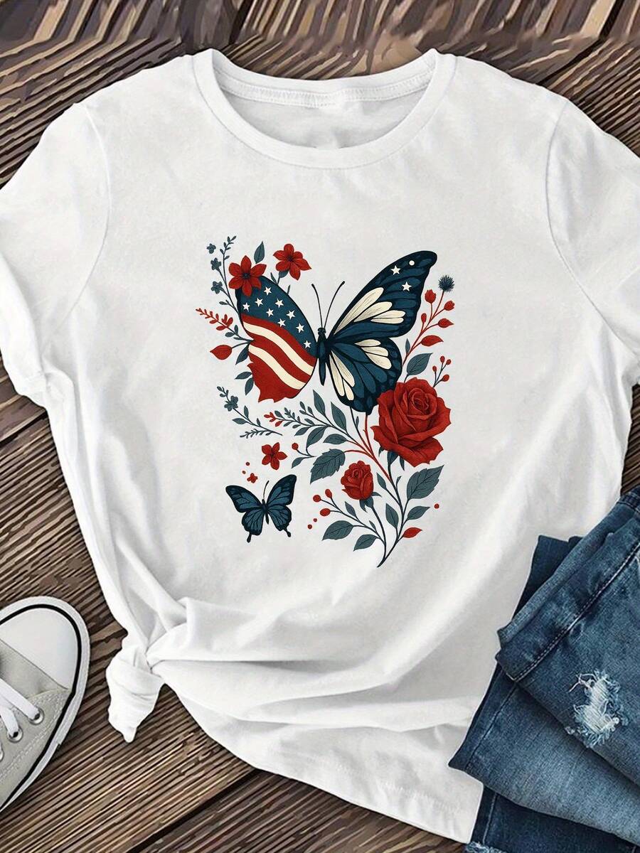 [Camisetas de mariposa de moda] Camisetas de mujer de moda americana inspiradas en mariposas | Ropa de verano, longitud regular, cuello redondo estampado - Blanco - Ver 1