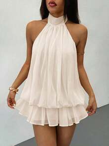 Vestido mini elegante sin mangas con cuello de corbata en amarillo pálido, adecuado para fiestas, citas, otoño/invierno y primavera/verano - Albaricoque - Ver 5