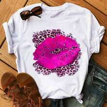 Nueva Camiseta para Mujer con Estampado de Labios Rosados y Leopardo, Estilo Casual, Cuello Redondo, Sexy, Negra, con Diseño de Beso, Divertida, para Chicas, Envío Directo - Marrón Mocha - Ver 1