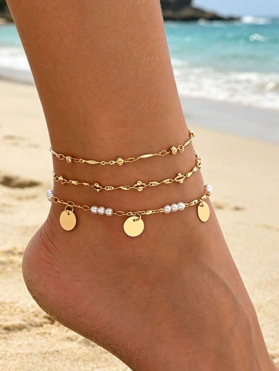 3pcs/Set Classic Gold Disc Tassel Decor Anklet, Multilayer Stacking Gold Tone Anklet Jewelry, Suitable For Daily Wear, Beach, Party And Date - Multicolor - View 1