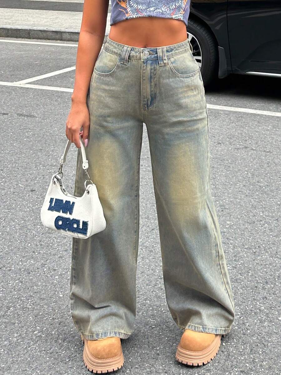 Vintage Washed Straight Leg Jeans, Mid-Waist Loose Non-Stretch Women's Full Length Pants, Versatile Distressed Style Trousers For Autumn