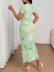 Lady Vestido de manga corta de talla grande con patrón de mármol y drapeado ajustado de longitud media, vestido rosa para fiestas elegantes, uso diario, cuatro estaciones, vestidos para cruceros, atuendos de verano para mujer, vestidos midi para cumpleaños y eventos, vestidos de oficina, vestidos de iglesia, vestidos de boda, vestidos de vacaciones, vestidos de invitada de boda, vestidos elegantes y de clase para mujer - Rosa 2 - Ver 8