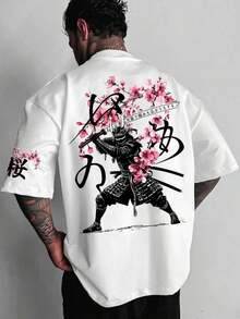 Camiseta gráfica de samurái japonés para hombres, estampado de sakura, ligera de% poliéster, oversize, streetwear estilo Harajuku Y2K, casual de verano con estampado gráfico en la espalda TZIX - Albaricoque - Ver 8