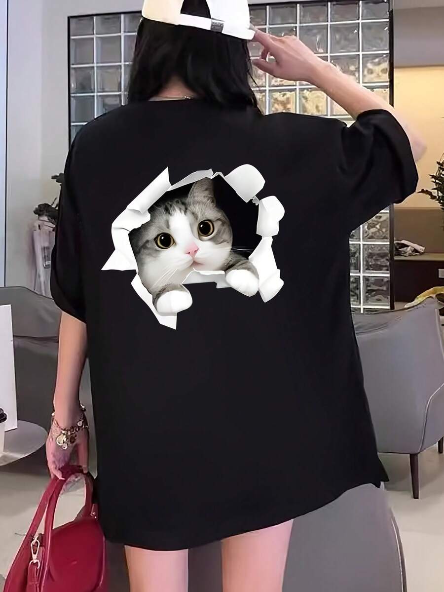 Women's 100% Cotton Summer Top With Cute Kitten Print, Wide Sleeves, And Dropped Shoulders. Vintage Summer T-Shirt. - Black - View 1