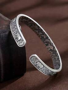1pc Vintage Casual Fashion Elephant Bangle Bracelet, Men's Classic Embossed Cuff Wrist Accessory, Suitable For Daily Wear - Silver - View 2