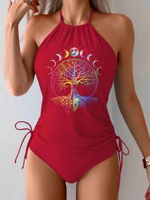 Side Tie Tankini Bathing Suit Modest Halter Tankini Bathing Suit Boho Life Tree Phases Of The Moon Vintage 2pcs Tankini Set Summer Drawstring Halter Neck Tummy Control Tankini Swimsuits 0EBR - 紅色 - 查看 2