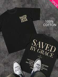 Men's Christian T-Shirt "FAITH OVER FEAR" | Psalm 118:6 Biblical Design | Inspirational Streetwear | 100% Cotton | Unisex Fit | Ideal Gift For Believers - 藍白色 - 查看 1