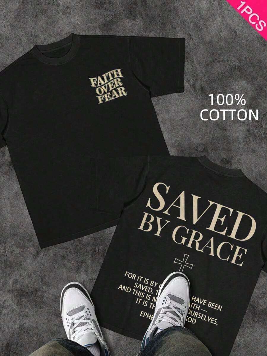 Men's Christian T-Shirt "FAITH OVER FEAR" | Psalm 118:6 Biblical Design | Inspirational Streetwear | 100% Cotton | Unisex Fit | Ideal Gift For Believers - 藍白色 - 查看 1