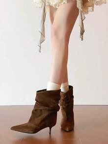 Fashion Slouchy Fold Ankle Boots For Women With Stiletto Kitten Heels Ankle Boots Pointed Toe Low Heel Ladies Slip On Casual Booties Suitable For Parties And Daily Wear - Brown - View 4