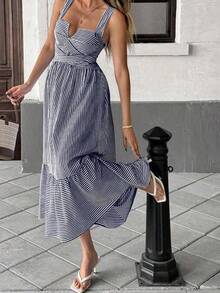 Women's Striped V-Neck Wrap Dress - White - View 7