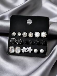 9 Pairs Fashion Versatile Flower Pearl Earring Set - Silver - View 3