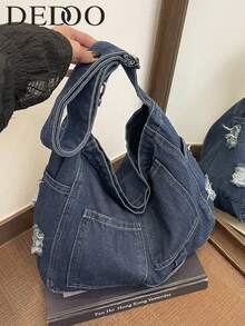 Sac messager en denim lavé classique de grande capacité, sac d'étudiant, sac en canevas japonais pour femme, sac à bandoulière minimaliste coréen - Bleu azur - Voir 3