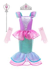 5 Stücke/Set Mädchen Meerjungfrau Rosa ärmelloses Blume Muster Kleid, Krone, Zauberstab, Handschuhe Prinzessin Kostüm Set, Kinder Party Karnevals Outfit - Pink - Übersicht 15