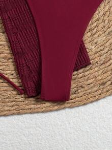 Swim Conjunto de bikini de unicolor con parte superior y falda de cobertura, con escote halter y lazos, para mujer en verano - Rojo - Ver 8
