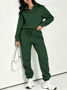 Women's Two-Piece Tracksuit With Half Zip And Matching Pants - 綠色 - 查看 5