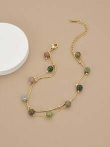 1 pieza Tobillera/Pulsera de acero inoxidable de doble capa con perlas de moda, joyería dorada, joyería de verano para mujer, accesorio, joyería occidental, accesorio de playa para mujer, regalo, regalo de cumpleaños - Amarillo Oro - Ver 2