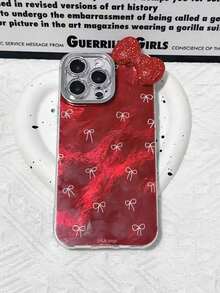 1pc Elegant INS Anqila Red Bowknot 3D Rhinestone Full Coverage Lens Phone Case, Compatible With Iphone 16 Pro, 17 Pro Max/17 Pro, 17, 17 Air, 15/14 Plus, 13 Pro Max, 12, 11, Anti-Drop Compatible With Iphone 16 - Red - View 5