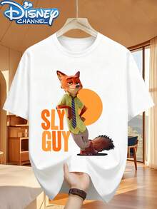 Disney "Zootopia Nick Lazy Style With The Text 'Guy' - , Unique Print" Men's T-Shirt, Fashionable Design, Simple And Versatile, With A Sense Of Style, Crew Neck T-Shirt Made Of Twill Fabric, Summery, Casual Men's T-Shirt. - 白色 - 查看 6