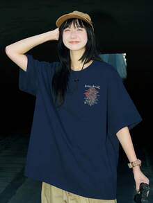 Women's Short-Sleeved T-Shirt, Summer Design, Slim Fit, Cartoon Print, Basic Top.#3333 - Warna Biru Tua - View 2