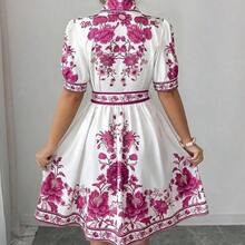 . .  Conjunto de vestido corto de manga corta con cintura ceñida y estampado floral azul y blanco, elegante y romántico para vacaciones, primavera/verano - Multicolor - Ver 9