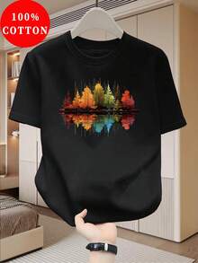 Men's 100% Cotton T-Shirt, Thin Short-Sleeved Top For Summer, Modern And Fashionable Slim Fit For Young Men, Casual, Breathable And Versatile, With Colorful Forest Reflection Print, Artistic Landscape Pattern, Fresh And Natural - 黑色 - 查看 5