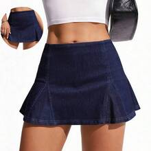 guang zhou mi qian shang mao  Minifalda de mezclilla casual con cintura alta y pliegues para mujer - Azul lavado medio - Ver 5