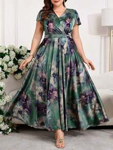 Reflora Vestido floral elegante para mujer de talla grande, vestido de verano para boda - Verde 2 - Ver 12