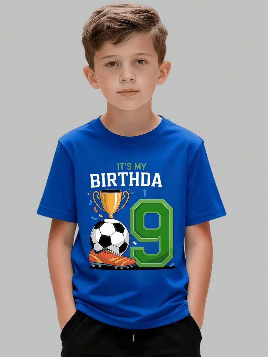 Fashionable Black Printed T-Shirt For 9th Birthday With Eye-Catching Green Number Design, Sporty Style, Short Sleeve For 9-Year-Old Boys, Football Theme, Commemorative T-Shirt With Green Number 9 And Sports Icons, Energetic Birthday Gift For Kids - 寶藍色 - 查看 1