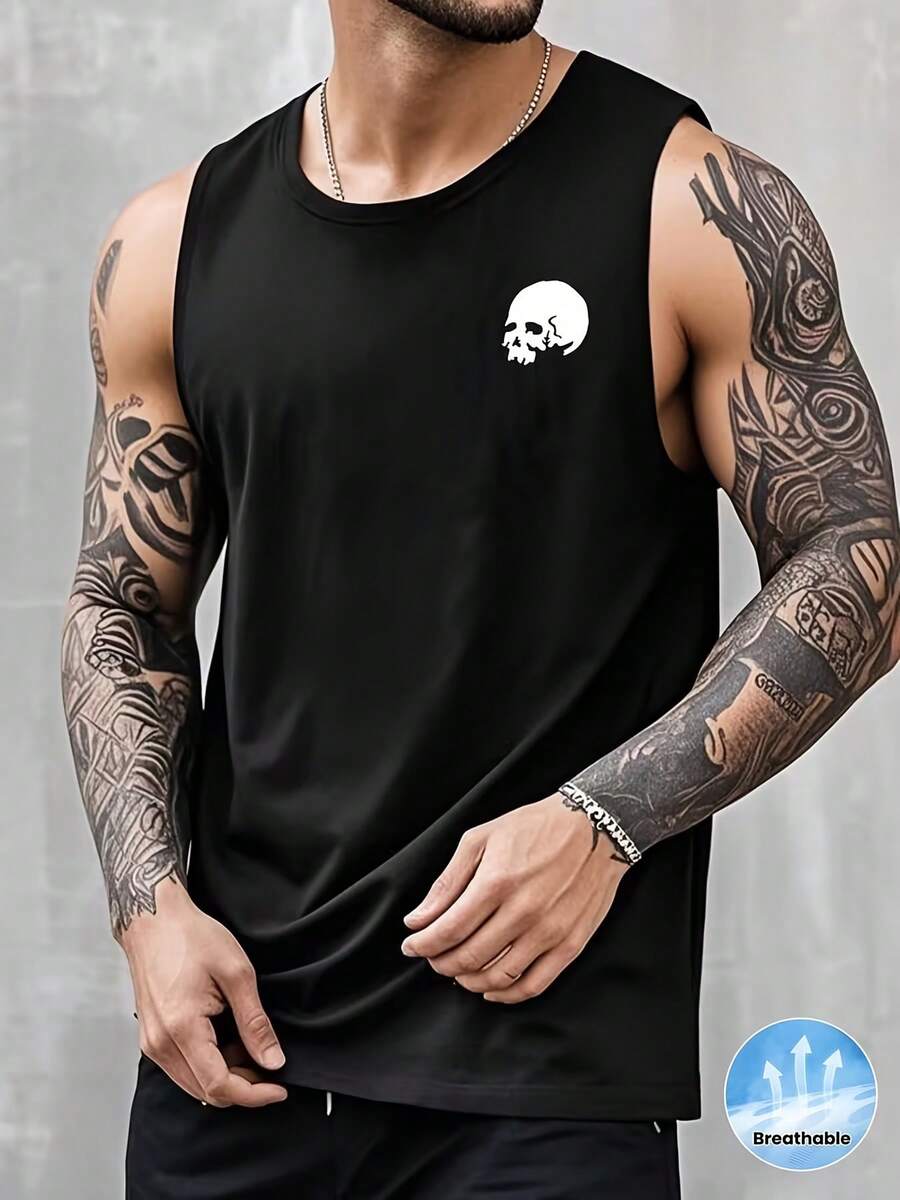 Chaleco sin mangas para hombre con estampado de calavera, ideal para gimnasio y uso casual de verano - Negro - Ver 1