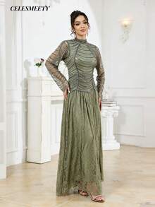 Elegant Green Sequin Beaded Long Sleeve Evening Gown With Lace Hem, Suitable For Parties, Occasions And Celebrations - Green - View 3