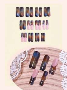 24片朋克渐变银色长方形按压式美甲贴片，DIY亚克力美甲装饰配件套装，适用于美甲沙龙、女孩和女士日常美甲、节日和礼品 - 彩色 - 查看 2
