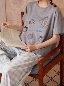 Gongdie Bộ đồ ngủ nữ Snoopy 2 món, chất liệu cotton mềm mại, họa tiết kẻ caro xám và xanh dương, thích hợp cho mùa xuân/hè, in hình nhân vật hoạt hình. - Xám - Xem 4