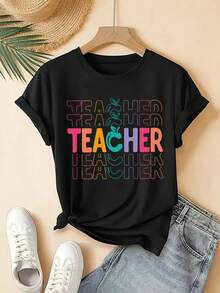 (001 # Fashionable Women's T-Shirt, Round Neck T-Shirt With Printed Design, Casual Short Sleeve T-Shirt For Women 100% Cotton. - 黑色 - 查看 4