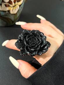 可调节哥特式超大玫瑰戒指，黑/红树脂材质，朋克暗黑风格饰品，适合时尚派对佩戴 - 彩色 - 查看 12