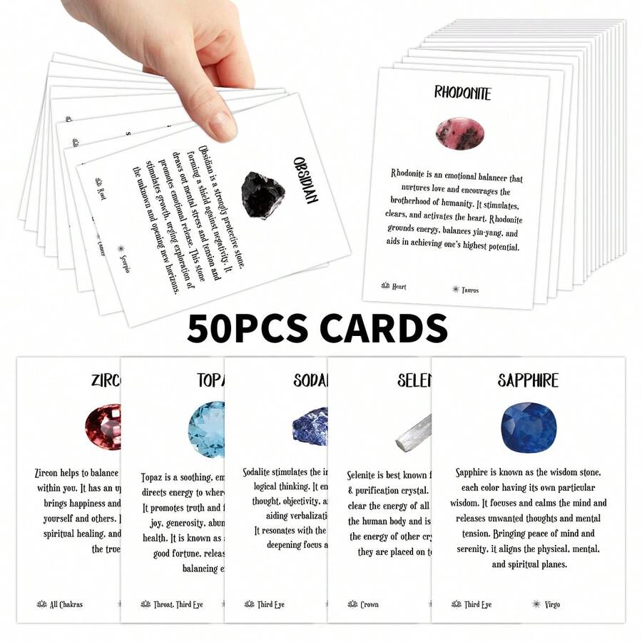 50Pcs Crystal Healing Property Pocket Cards, 2.5*3.5inch Gemstone Identification Cards, Crystal Healing Meanings & Benefits Guide, Spiritual Identification Flashcards With Zodiac & Chakra Info, Crystal Collector Gift Set