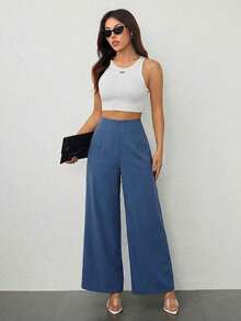 PETITE Pantalones de pierna ancha de textura de cintura alta, de estilo casual y sencillo, apropiados para ir a la escuela o para ir y venir al trabajo - Niebla azul - Ver 3