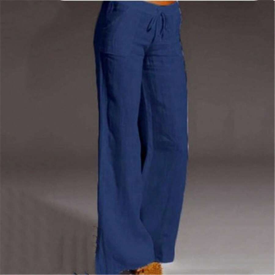 New In Stock: Women's High-Waisted Wide-Leg Pants With Large Bell-Shaped Pockets, Cotton-Linen Casual Pants For Women - Màu xanh lam - Xem 1