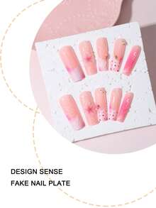24pcs Sweet Girl Style Pink Gradient 3D Flower Square Nail Stickers, French Polka Dot Design, Includes Jelly Gel + Buffing, Gentle & Elegant For Dates, Parties, Outings, No Baking Nail Stickers - Pink - View 4
