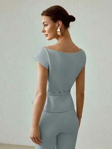 PREMIUM BLUSA ELEGANTE Y DE MODA DE DOBLE BOTONADURA PARA COMMUTER - Azul - Ver 3