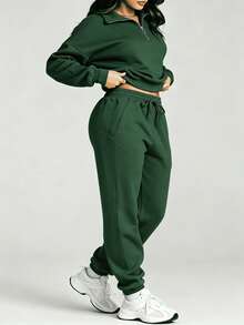 Women's Two-Piece Tracksuit With Half Zip And Matching Pants - 綠色 - 查看 4