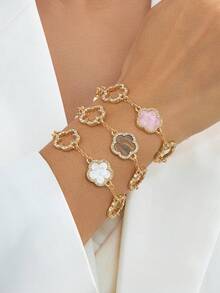 3pcs Elegant Luxury Rhinestone Embellished Multicolor Mixed Lucky Sweet Five-Leaf Clover Girls Bracelet Set, Stackable/Versatile - Multicolor - View 2
