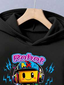 Young Boys Cartoon Print Hoodie And Sweatpants Warm Outfit - Black - View 6